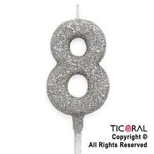 VELA NUMERAL CHICO 5.5 CM CON GIBRE PLATA NUMERO 8 x 1